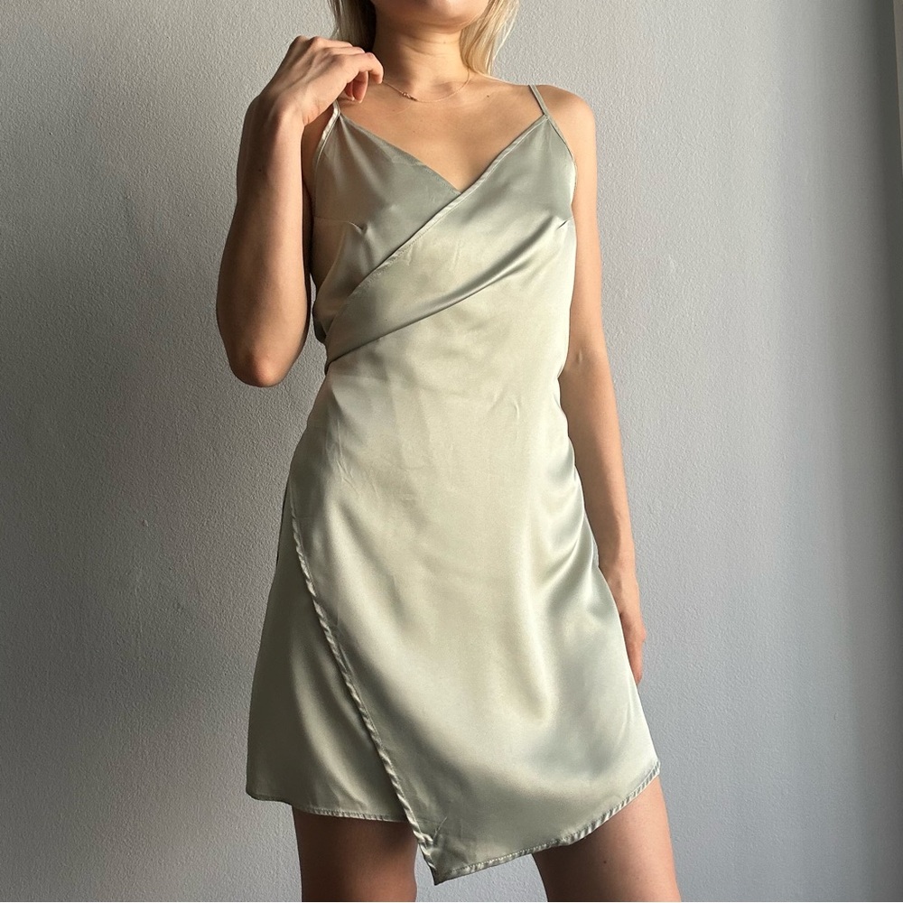 Alice in the Eve Satin V Neck Draping Wrap Mini Dress in Pistachio Green